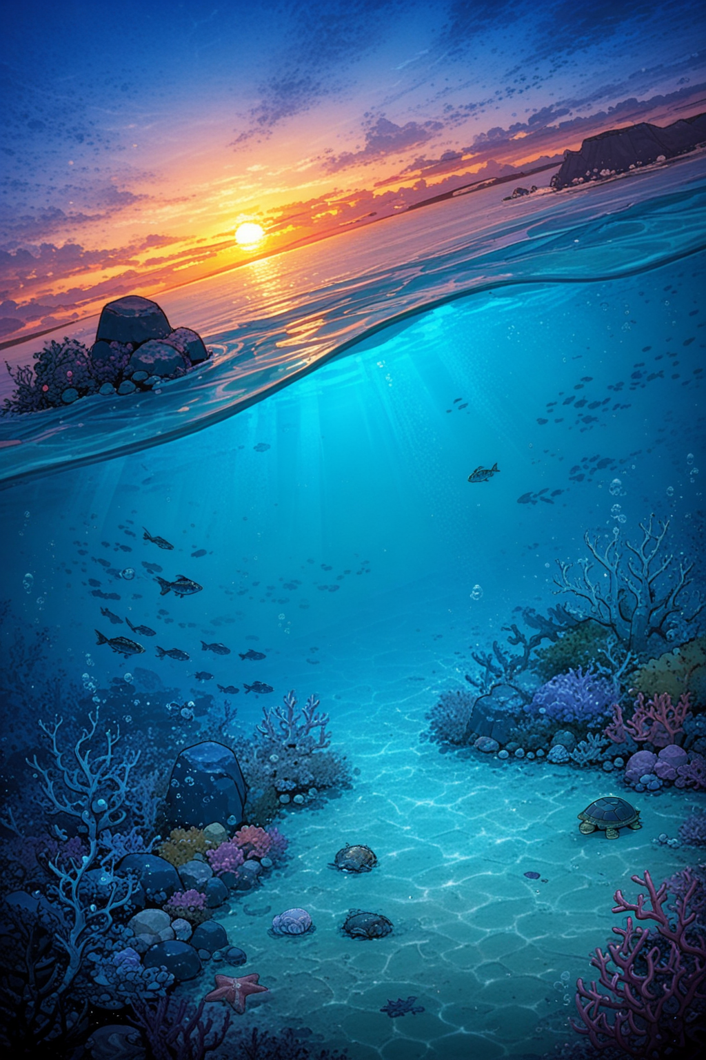 A split-level view of an ocean scene, simultaneously showing both the underwater coral reef environment below and the surface world above the waterline. Below the surface, a coral reef spreads across the sandy ocean floor, featuring branching corals in purple and pink hues, scattered rocks, sea turtles resting near the bottom, schools of dark fish, and various other marine life. Above the waterline, the ocean surface reflects a dramatic sunset sky painted in gradients of orange, pink, and purple clouds, with the bright sun disc visible on the horizon.