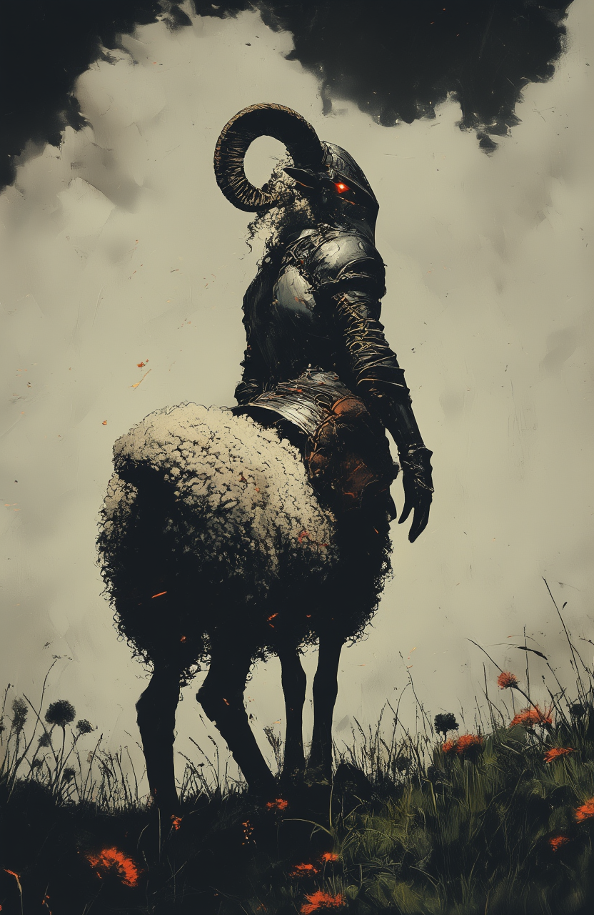 A figure with a humanoid upper body and the lower body of a sheep, looking back over its shoulder. It has large curved ram horns and a single glowing red eye. The figure wears dark, weathered armor with metallic elements and stands in a field of tall grass dotted with small orange wildflowers. The background features a dramatic sky filled with heavy, billowing clouds in cream and beige tones against dark sky. The color palette is de-saturated and dominated by browns, grays, and muted earth tones. 